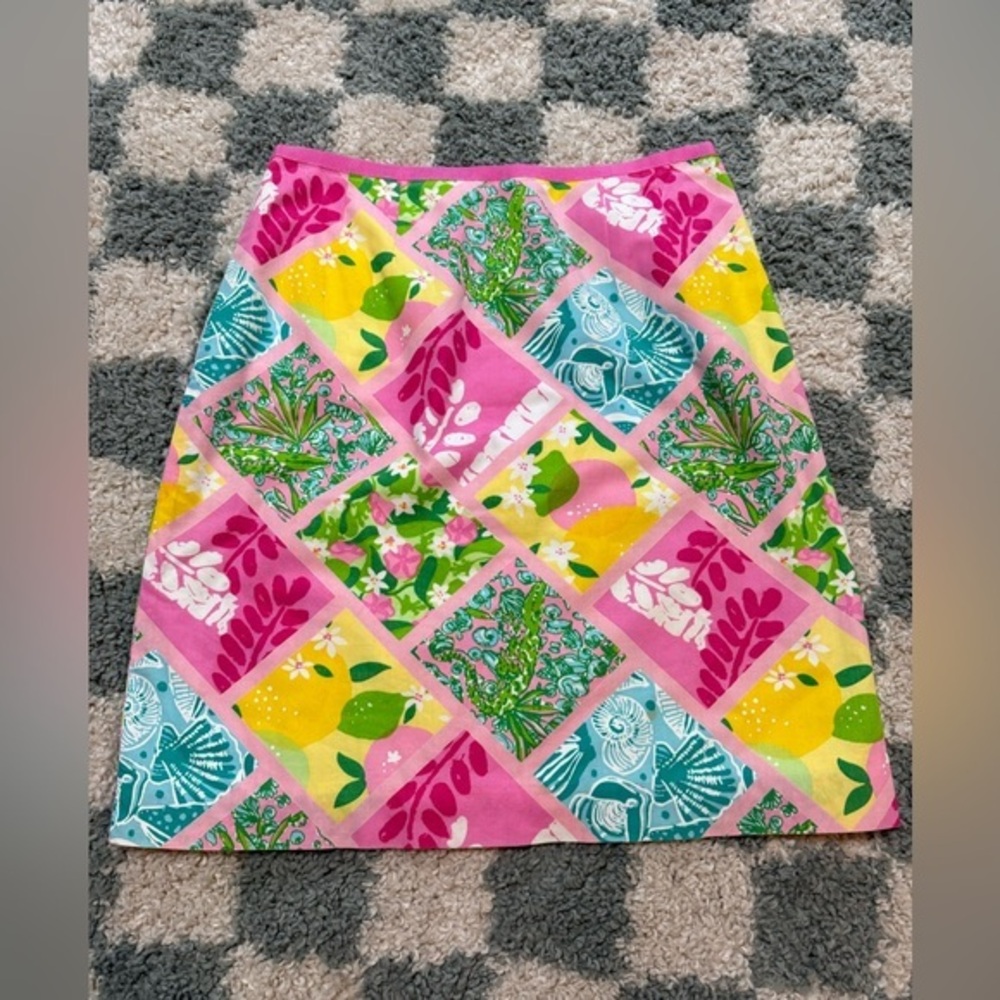 LILLY PULITZER 90s/Y2K Pink Tile Patch Vintage Skirt Alligator Lemon Seashell 2